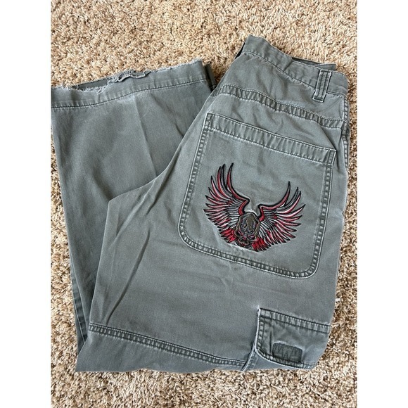 Vintage- JNCO Jeans Cargos Wide Leg  Army Twill Fighter 85 - Olive W/Skull 33x32 - Picture 1 of 14